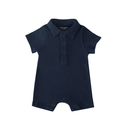 Baby Polo Romper in Navy Waffle Jersey by Le Petit Society