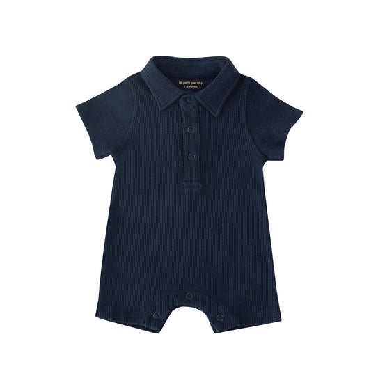 Baby Polo Romper in Navy Waffle Jersey by Le Petit Society