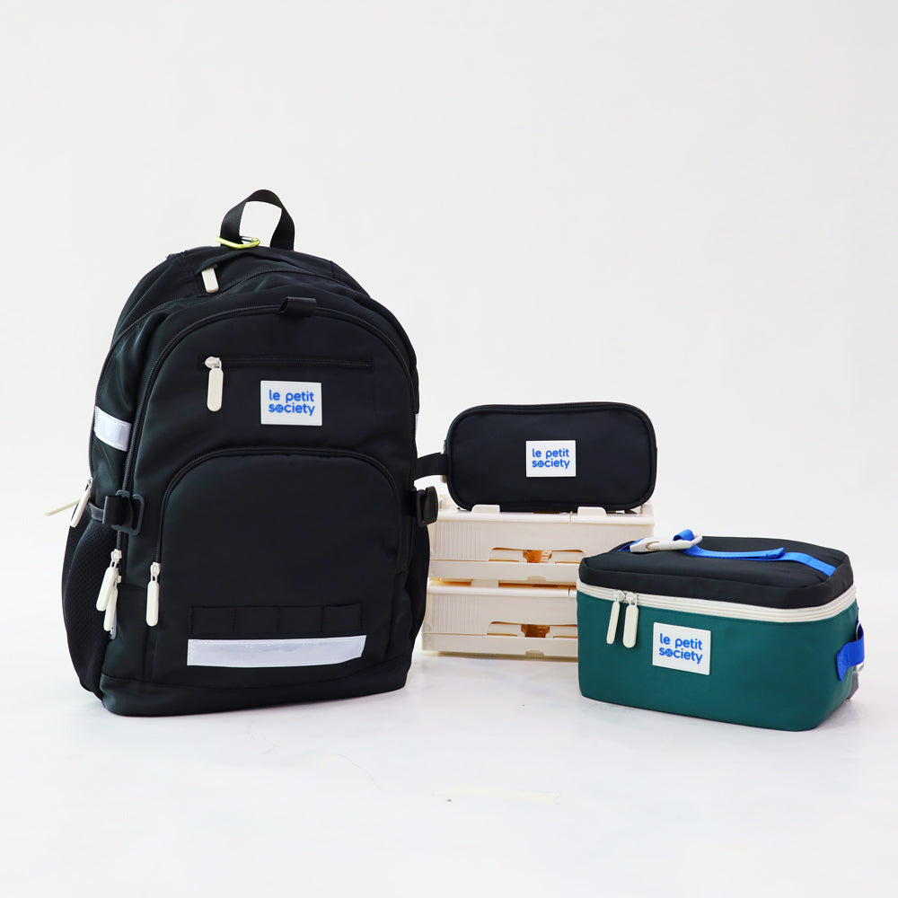 The LPS kids essential school bundle in black, consisting of a double pocket school bag, lunch bag and pencil case.