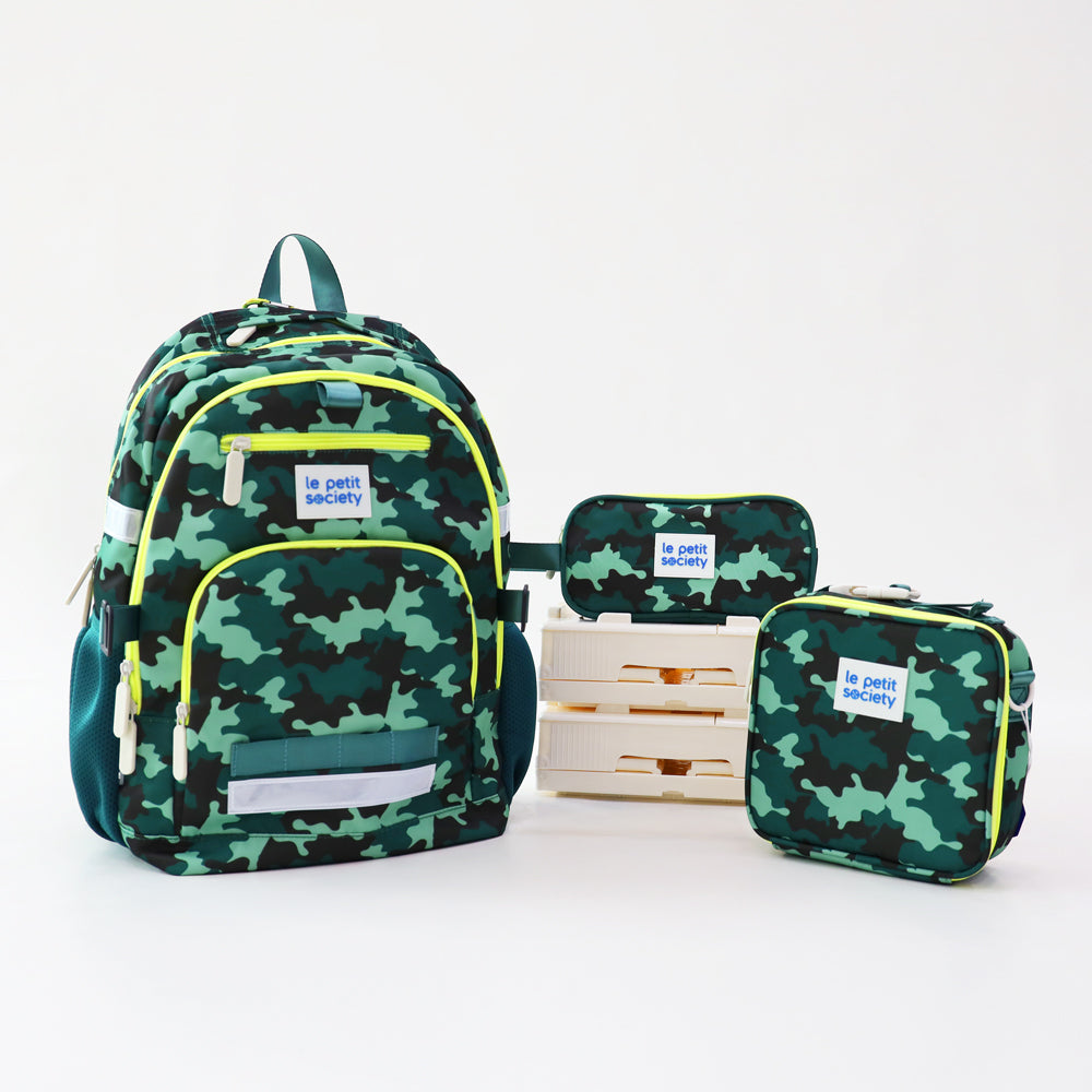 The LPS kids essential school bundle that comes with a double pocket school bag, mini lunch bag and pencil case in camouflage print.