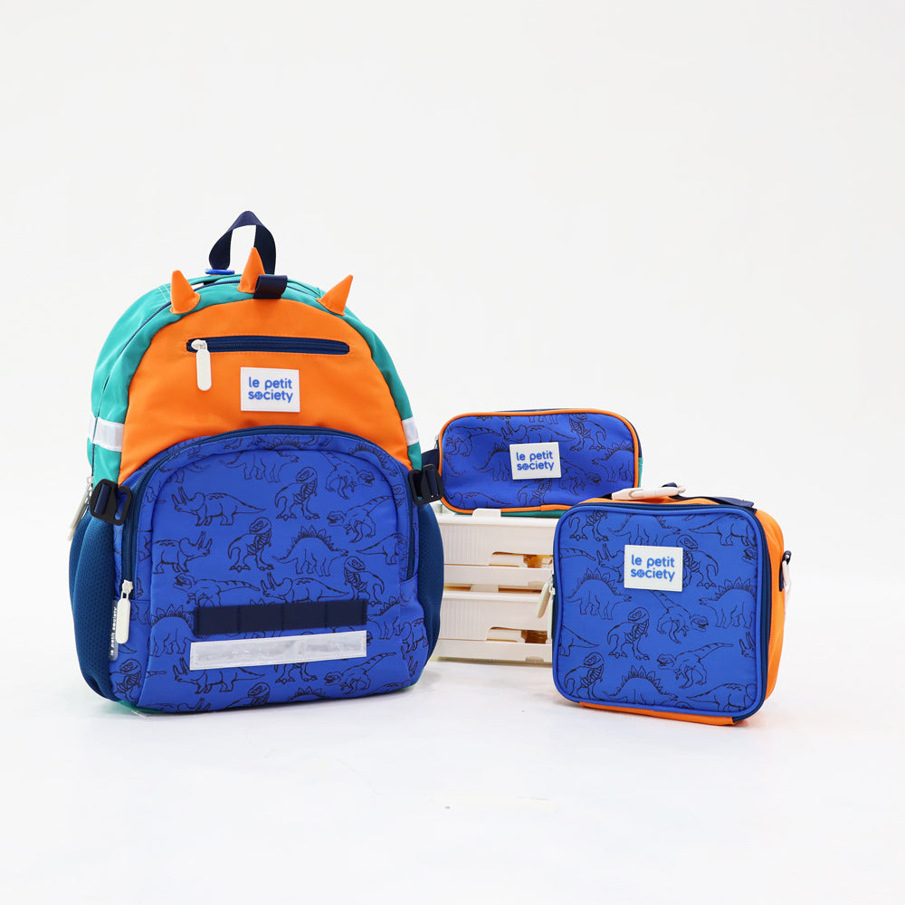 The LPS Kids Essential School Bundle in an orange and blue dinosaur design, consisting of a single pocket school bag, pencil case and mini lunch bag.