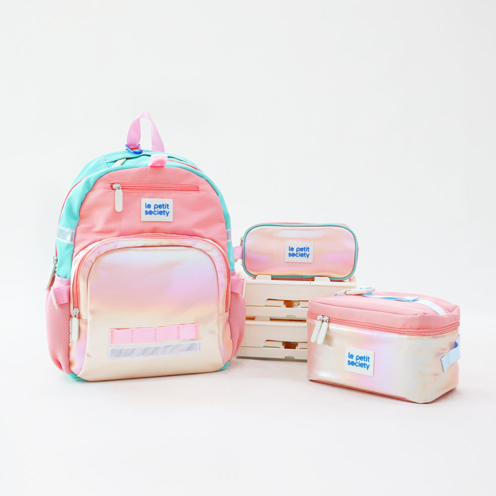 The LPS Essential School Bundle in pink and gold consisting of the kids single pocket school bag, pencil case and lunch bag.