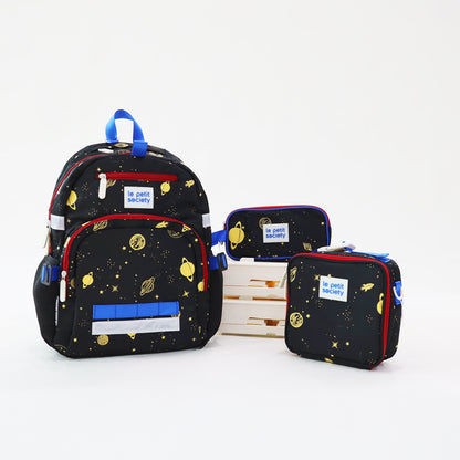 The LPS Kids Essential School Bundle in a red, black and blue planet design, consisting of a single pocket school bag, pencil case and a mini lunch bag.