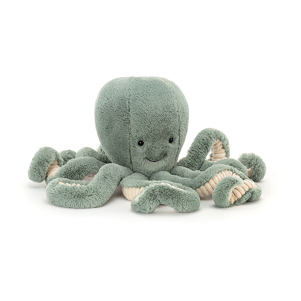 A front view of a adorable green plush octopus toy with a soft round head, smiling face, and eight curly tentacles