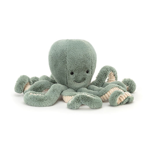 A front view of a adorable green plush octopus toy with a soft round head, smiling face, and eight curly tentacles