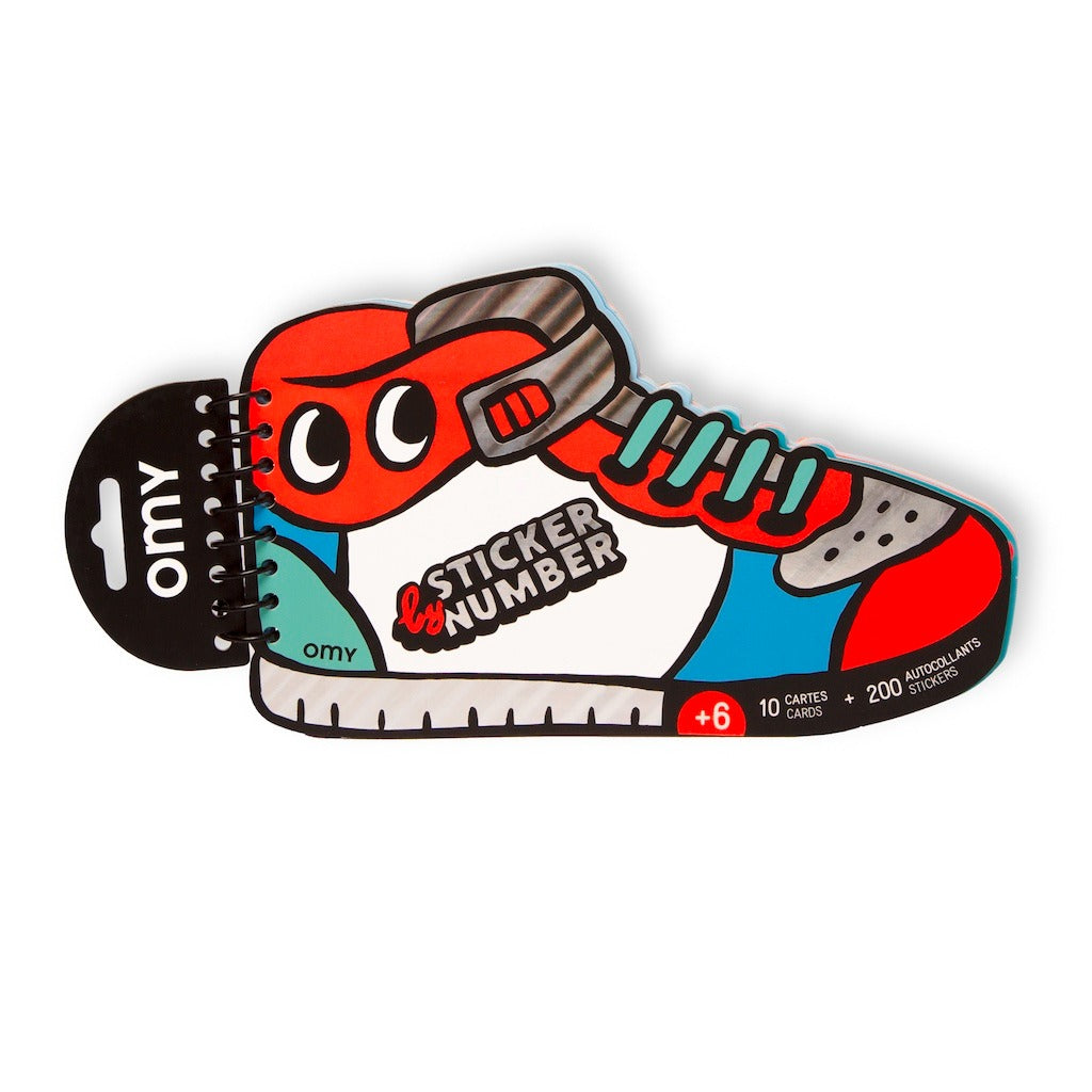 OMY Sticker by Number Activity Book ‚Äì Shoe-Shaped Spiral Pad with 10 Cards and 200+ Stickers, Fun Creative Craft for Kids Ages 6+, Educational and Artistic Sticker Game