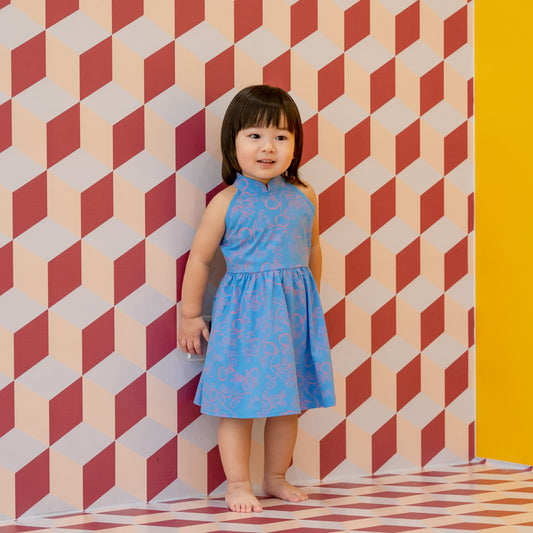 Mandarin Orange Series - Girls Halter Cheongsam in Blue by Le Petit Society