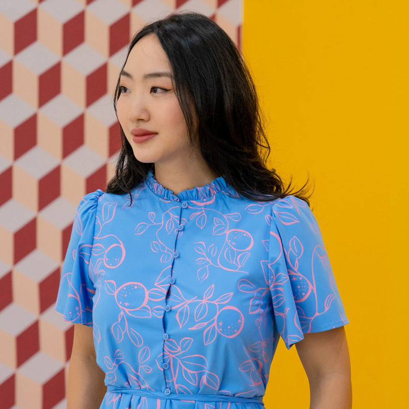 Mandarin Orange Series - Ladies Button Down Dress in Blue by Le Petit Society — image 2