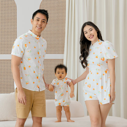 Mandarin Orange Series - Baby Boy Jersey Romper in White by Le Petit Society — image 3
