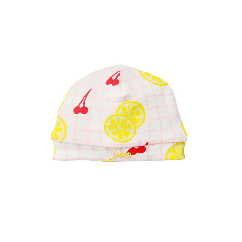 Organic Baby Hat in Lemon & Cherry Print (Personalisable) by Le Petit Society — image 2