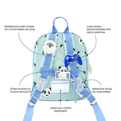 Infographic showing the various features of a mint green preschool bag.
