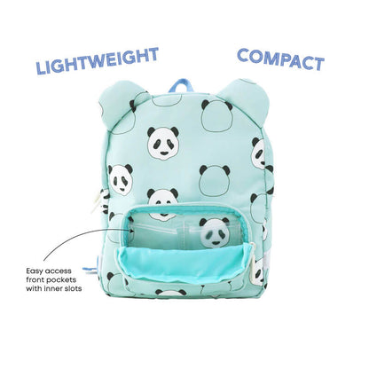 Infographic showing the inner slots in the front pocket of a mint green preschool bag.