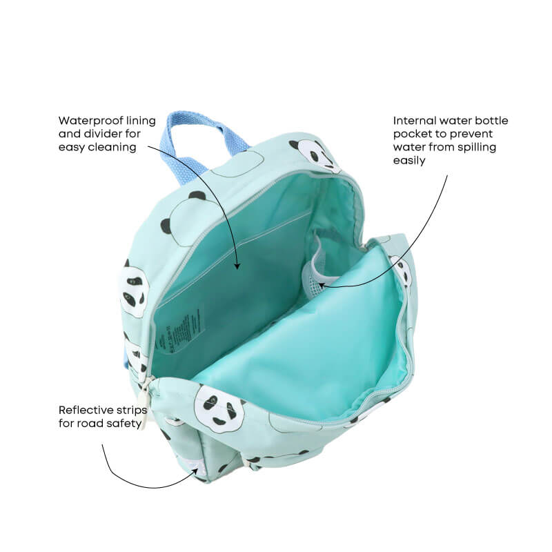 The various features of a mint green preschool bag.