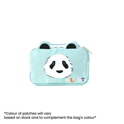 A mint green pencil case with personalised name patches.