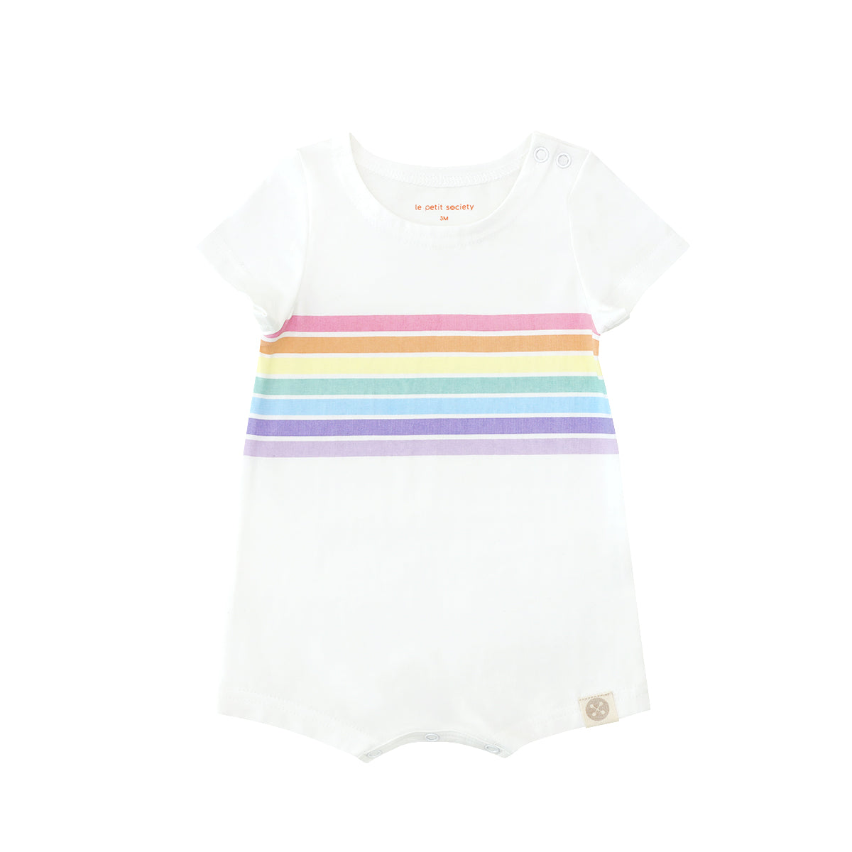 A white baby romper in pastel rainbow print from Le Petit Society's rainbow series.