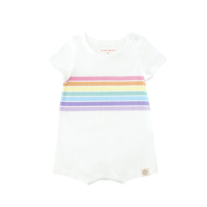 A white baby romper in pastel rainbow print from Le Petit Society's rainbow series.
