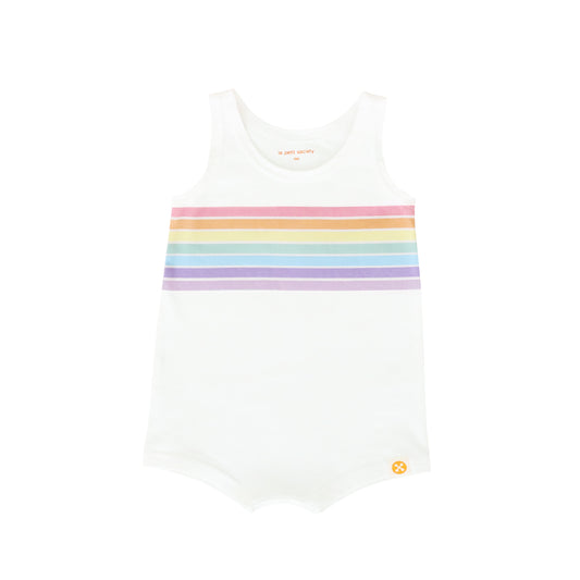 A sleeveless baby romper in pastel rainbow print from Le Petit Society's rainbow series.