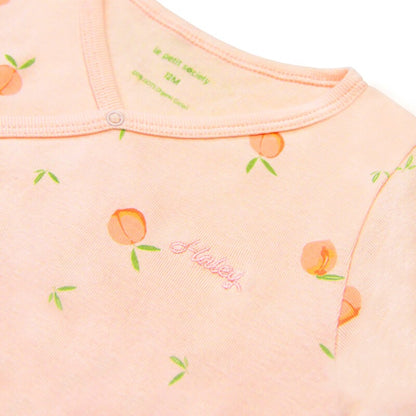Baby Organic Kimono Romper in Peach Print by Le Petit Society — image 2