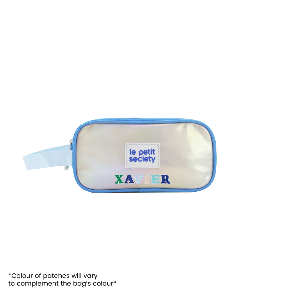An iridescent blue and silver pencil case with personalised name patches.