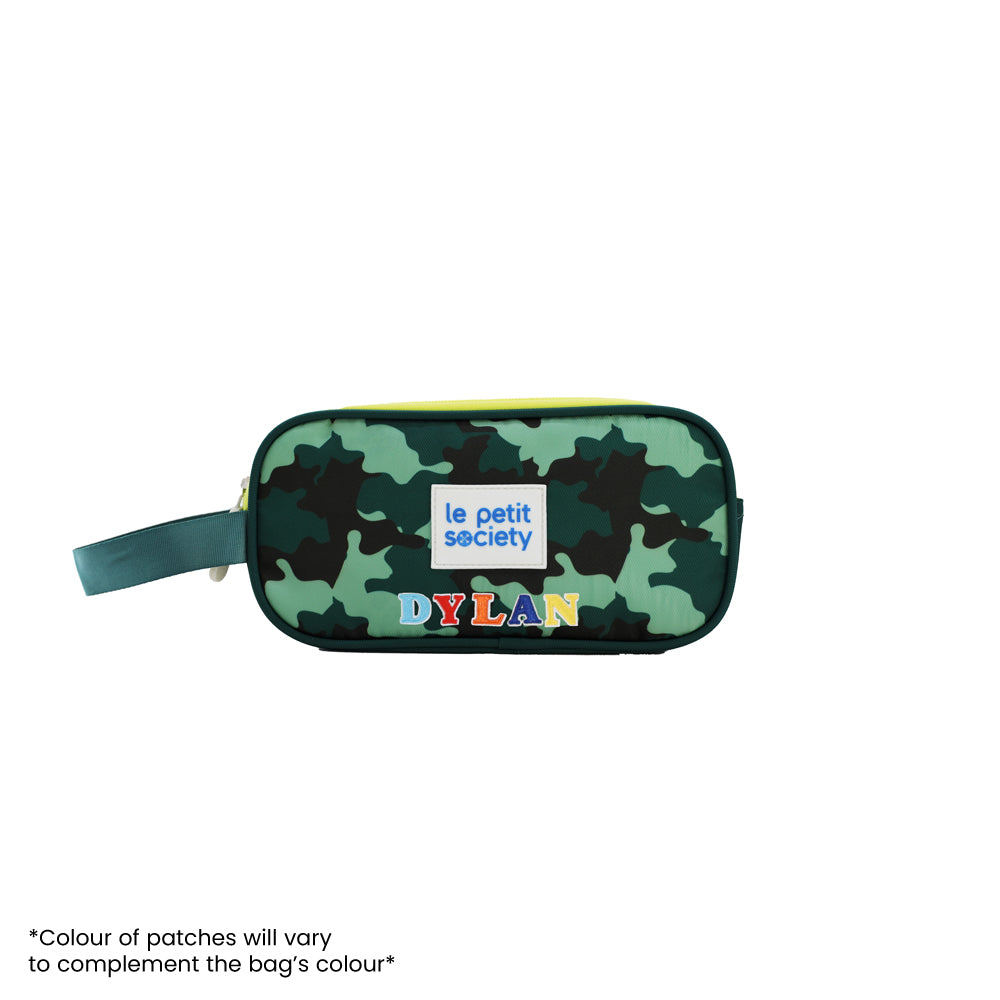 A pencil case with a camouflage print and personalised name patches.