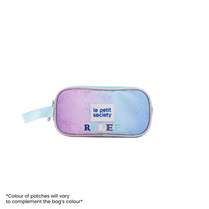A purple and blue gradient pencil case with personalised name patches.
