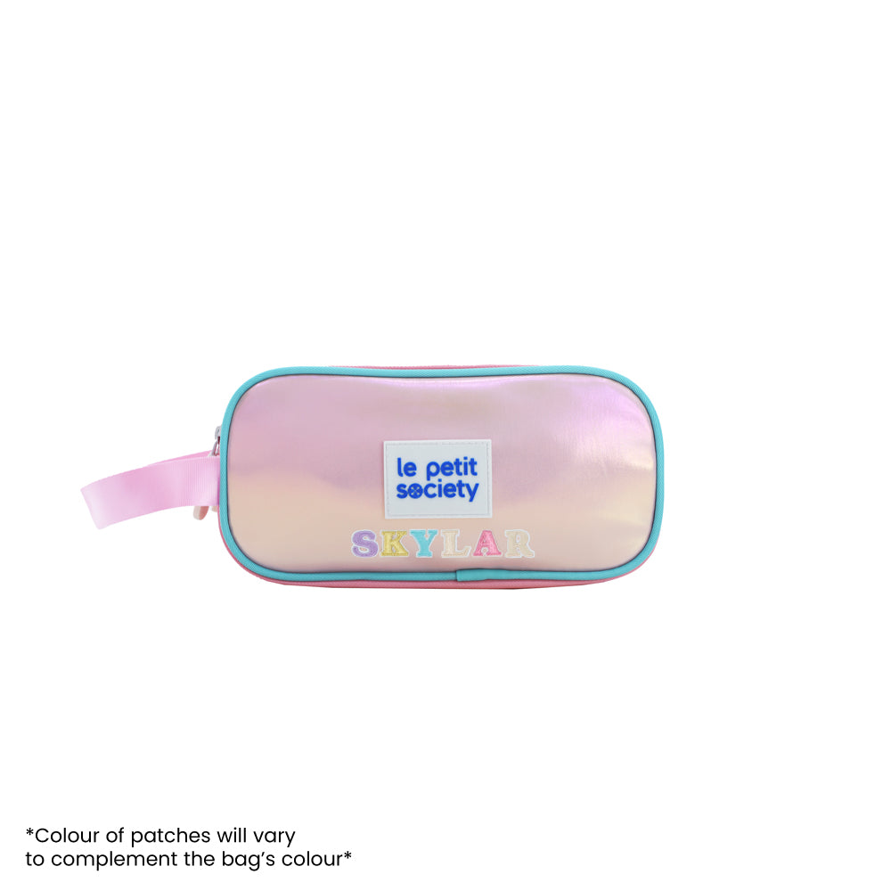 An iridescent pencil case with personalised name patches.