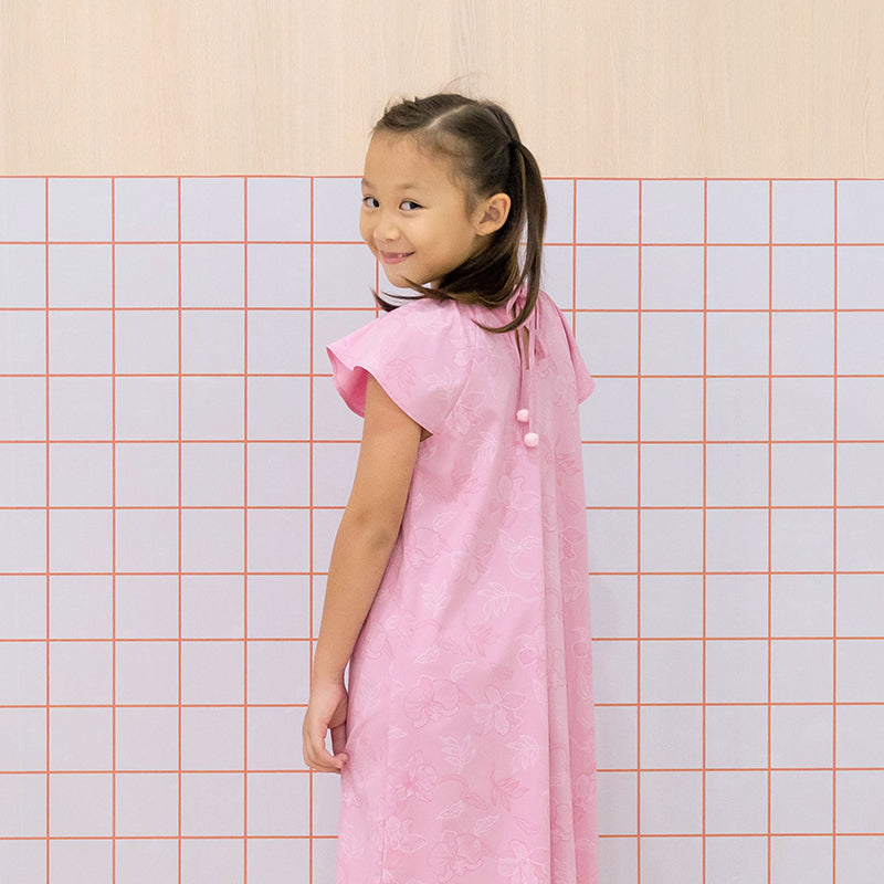 Heritage Series - Girls Dress with Pom Poms in Pink Orchid Print by Le Petit Society — image 5