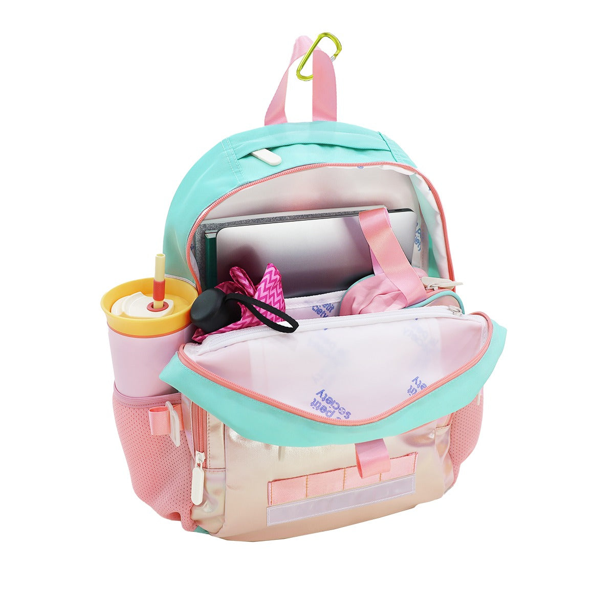 The LPS kids single pocket school bag containing a water bottle, umbrella, pencil case, laptop and notebooks.