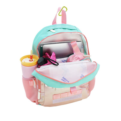 The LPS kids single pocket school bag containing a water bottle, umbrella, pencil case, laptop and notebooks.