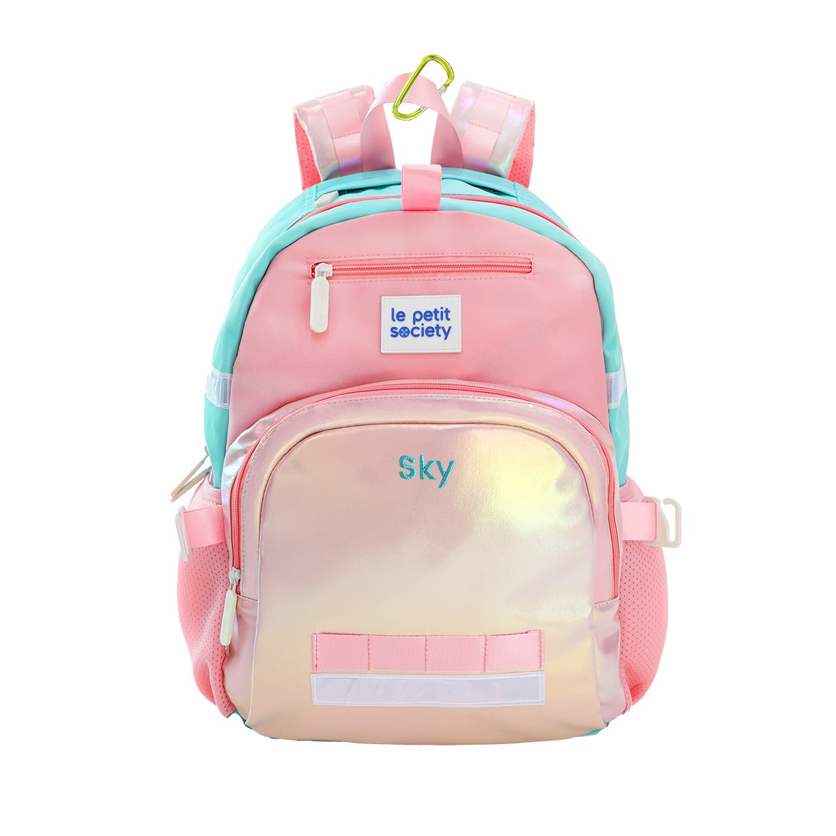 The LPS kids single pocket school bag in an iridescent pink and gold design with personalised name embroidery.