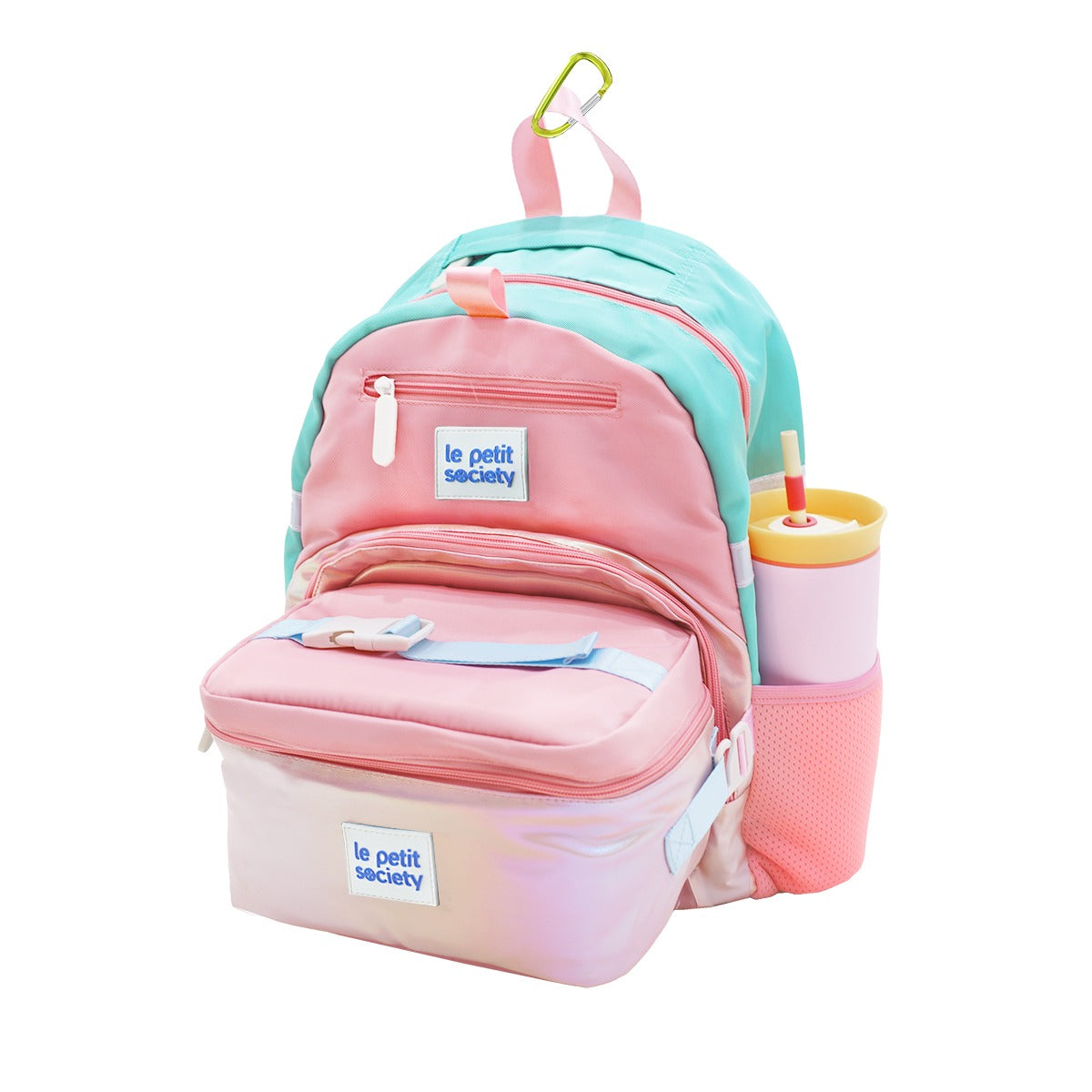 The LPS Essential School Bundle in an iridescent pink and gold design, consisting of the Kids Single Pocket School Bag and a lunch bag.