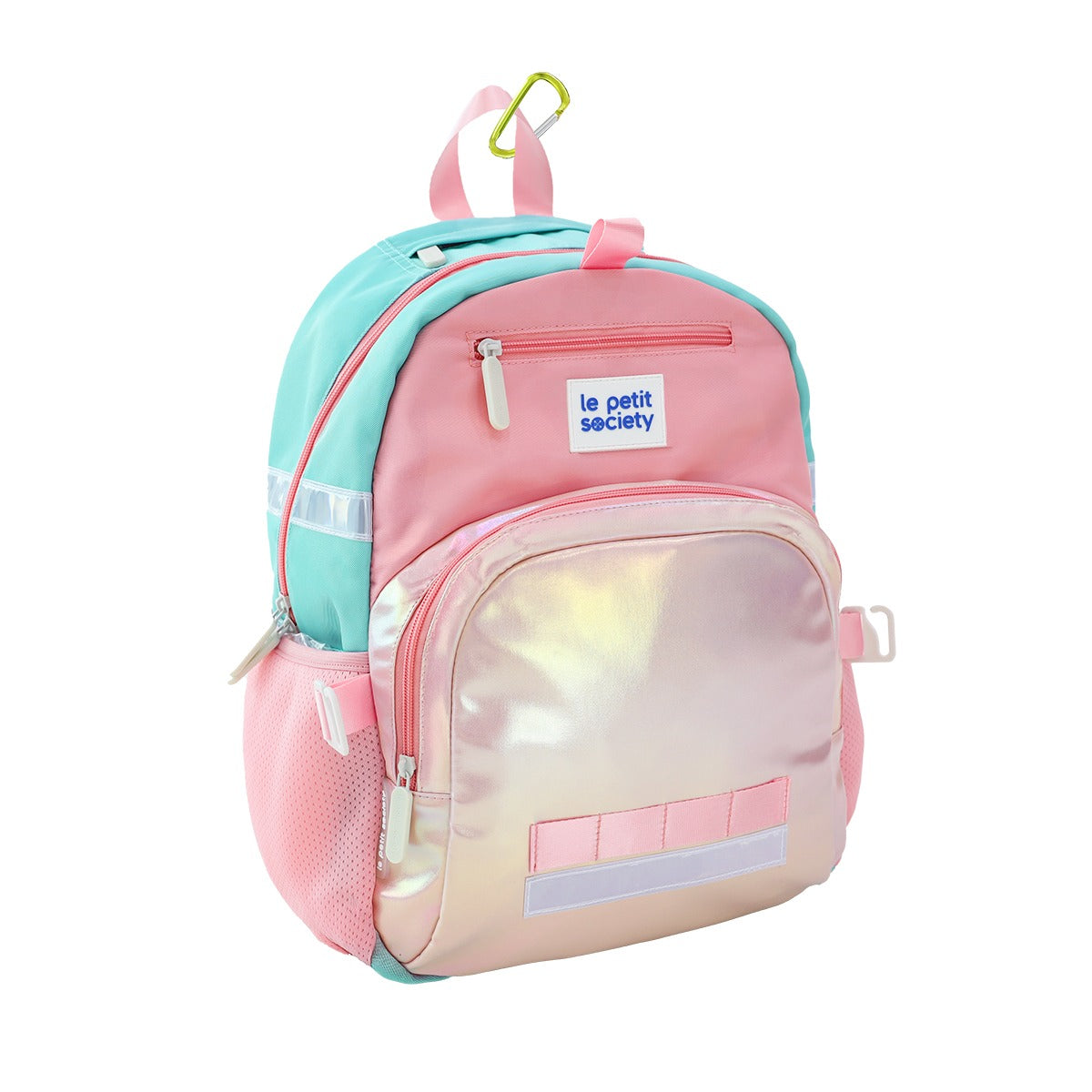 A side view of the LPS kids single pocket school bag in an iridescent pink and gold design.
