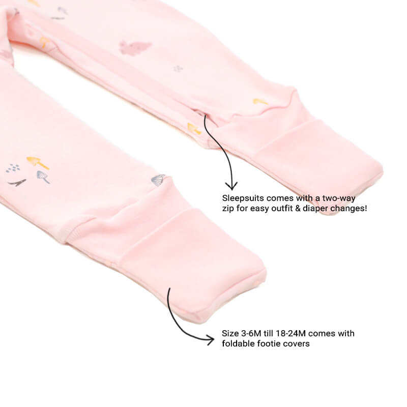 An infographic demonstrating the two-way zipper of a pink baby zip sleepsuit, and its function of providing an easy access to outfit and diaper changes.