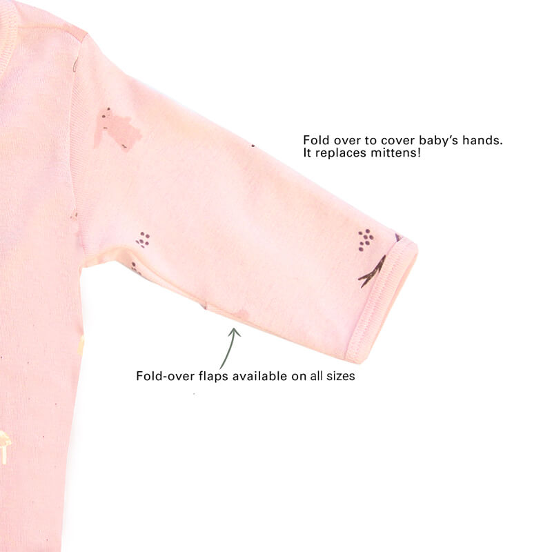 An infographic showing the mittens of an organic baby zip sleepsuit, which come with fold over flaps to cover a baby's hands and keep them warm.