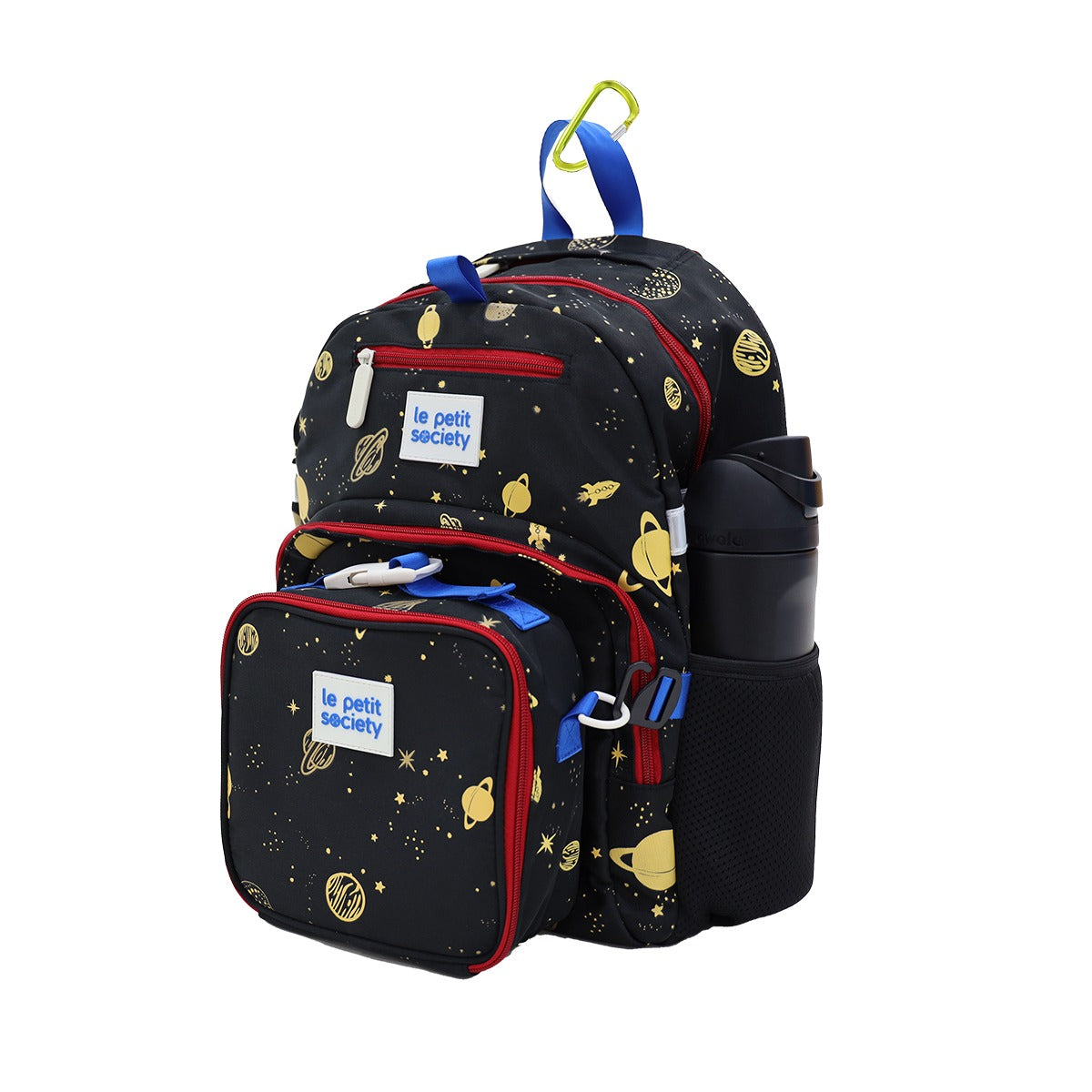 The LPS Kids Essential School Bundle in a planet print, consisting of a single pocket school bag and mini lunch bag. 