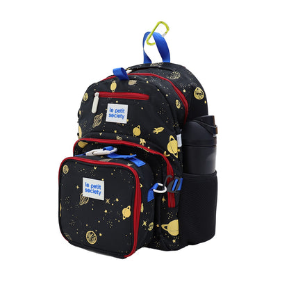The LPS Kids Essential School Bundle in a planet print, consisting of a single pocket school bag and mini lunch bag. 