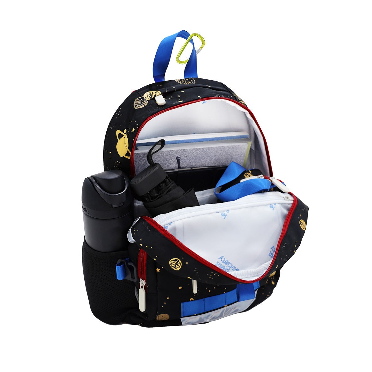 The LPS kids single pocket school bag containing a water bottle, umbrella, pencil case and school books.
