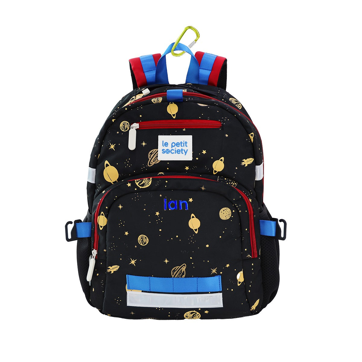 The LPS kids single pocket school bag with a planet print and personalised name embroidery.