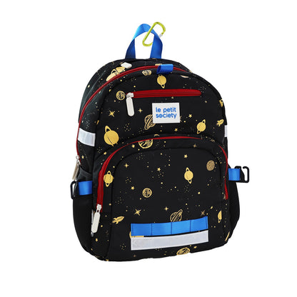 A side view of the LPS kids single pocket school bag in planet print.