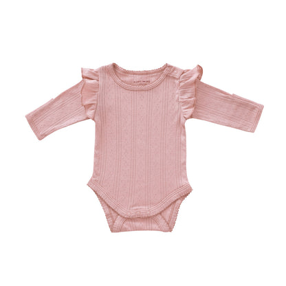 Baby Girl Long Sleeve Ruffle Romper in Plum Pointelle Cotton by Le Petit Society — image 9