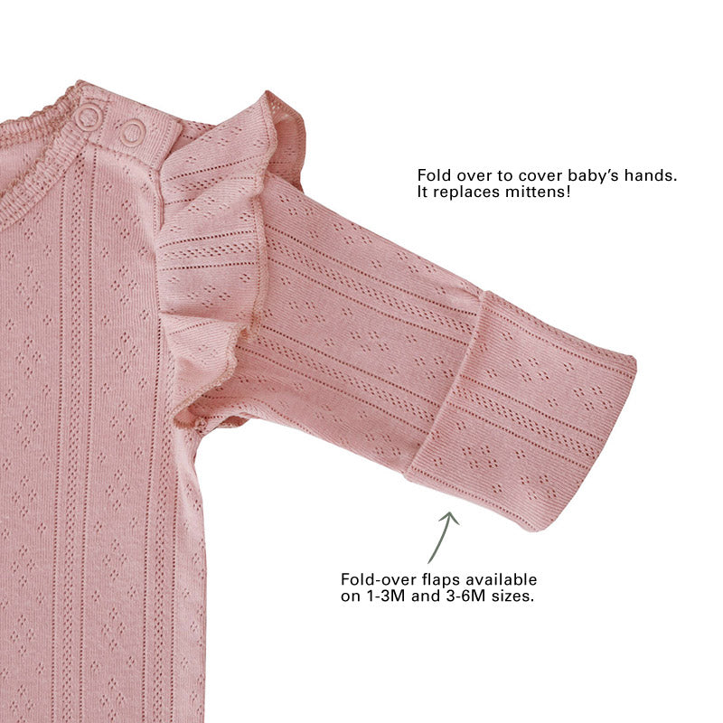 Baby Girl Long Sleeve Ruffle Romper in Plum Pointelle Cotton by Le Petit Society — image 5
