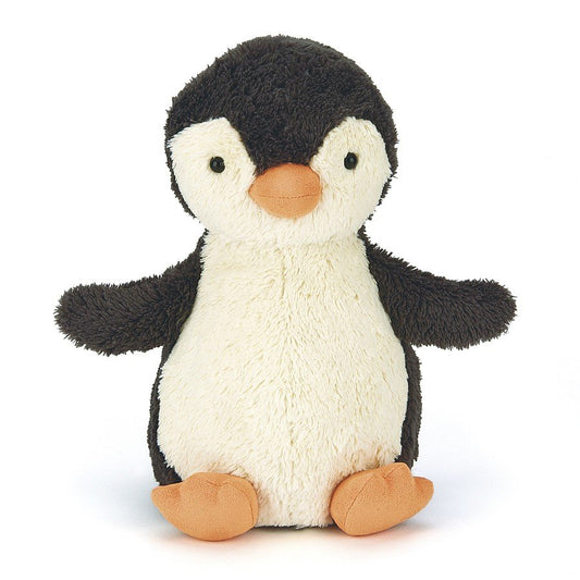 A front view of a small cute plush penguin toy with a black back, white belly and face, orange beak, and orange feet, sitting upright against a plain white background.