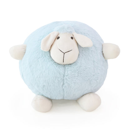 A round and plush sheep toy in soft blue by Le Petit Society stands against a white background.