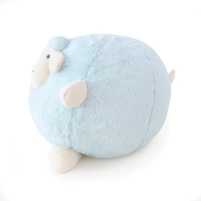 A side view of a round and plush sheep toy in soft blue by Le Petit Society.