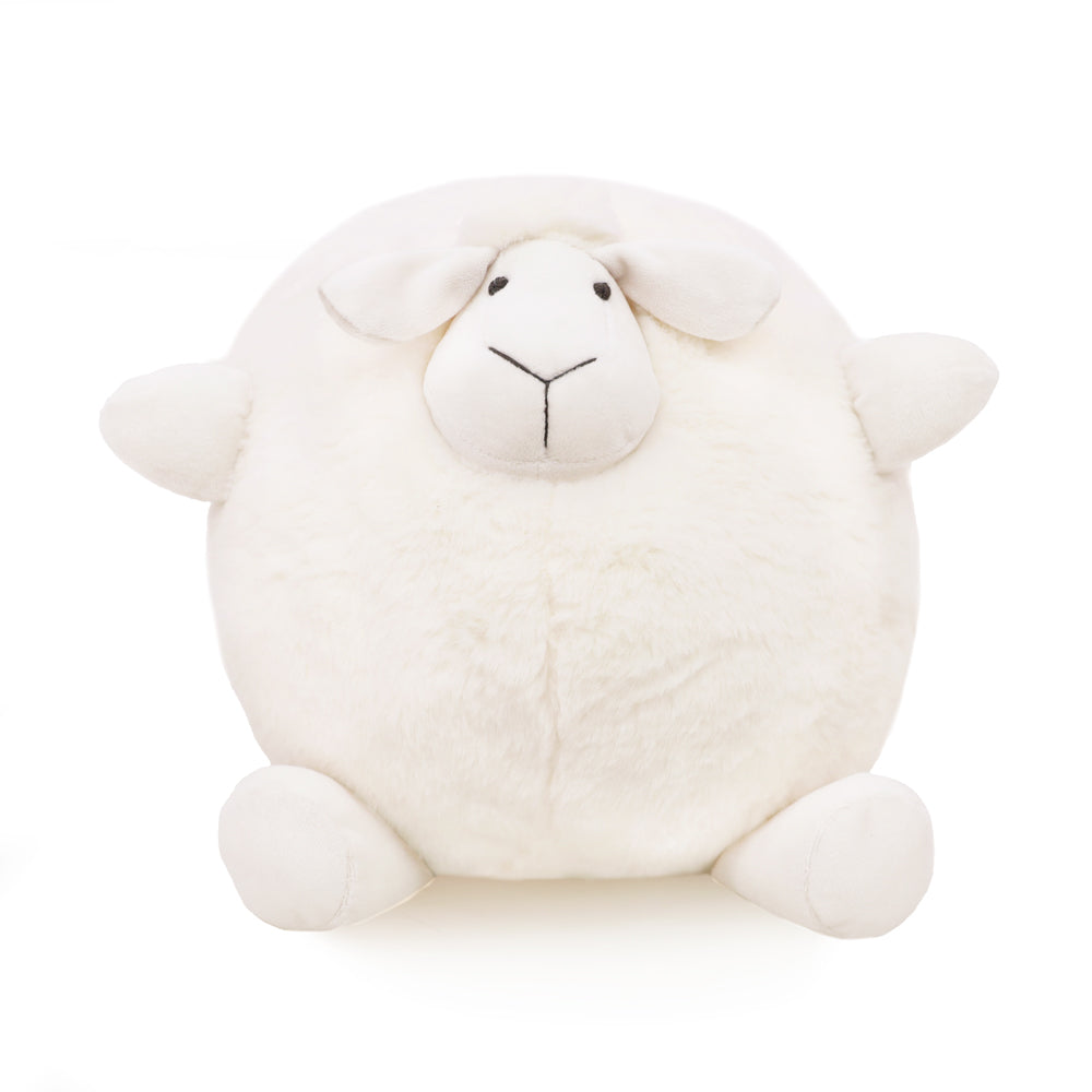 A round and plush sheep toy in cream white by Le Petit Society stands against a white background.
