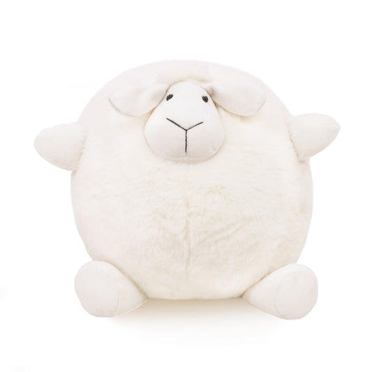 A round and plush sheep toy in cream white by Le Petit Society stands against a white background.