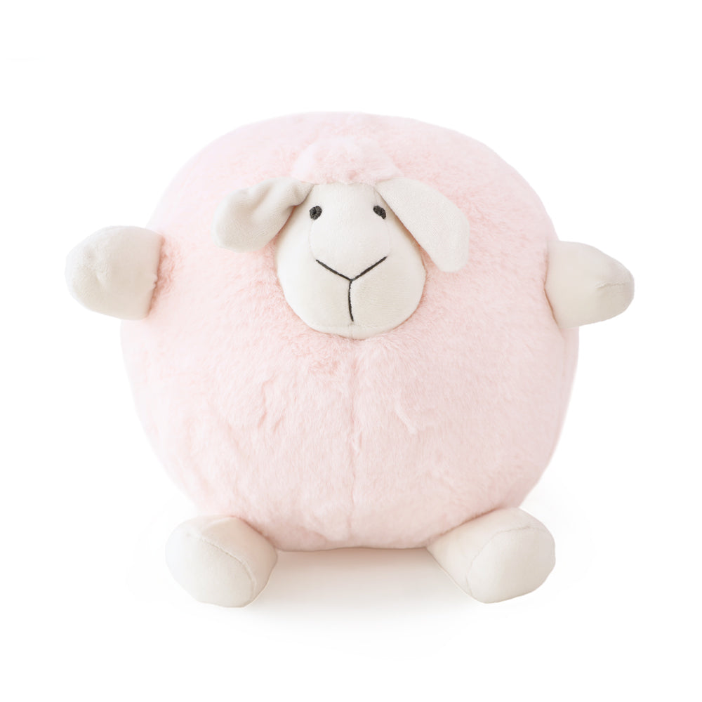 A round and plush sheep toy in soft pink by Le Petit Society stands against a white background.