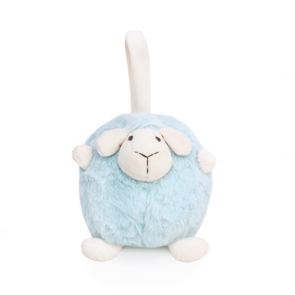 A round and plush sheep toy in soft blue by Le Petit Society stands against a white background.