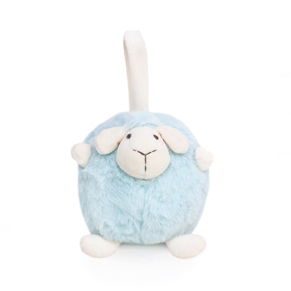 A round and plush sheep toy in soft blue by Le Petit Society stands against a white background.