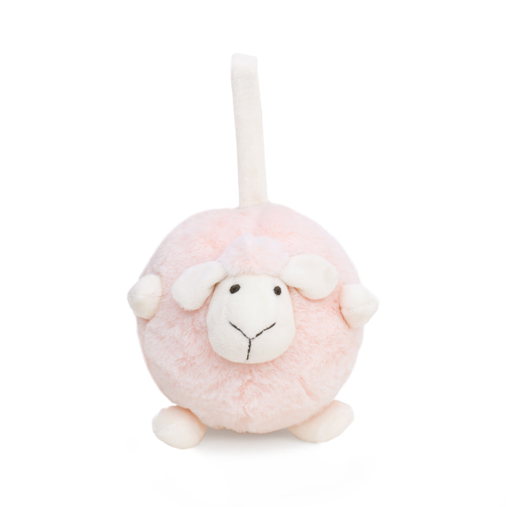 A round and plush sheep toy in soft pink by Le Petit Society stands against a white background.
